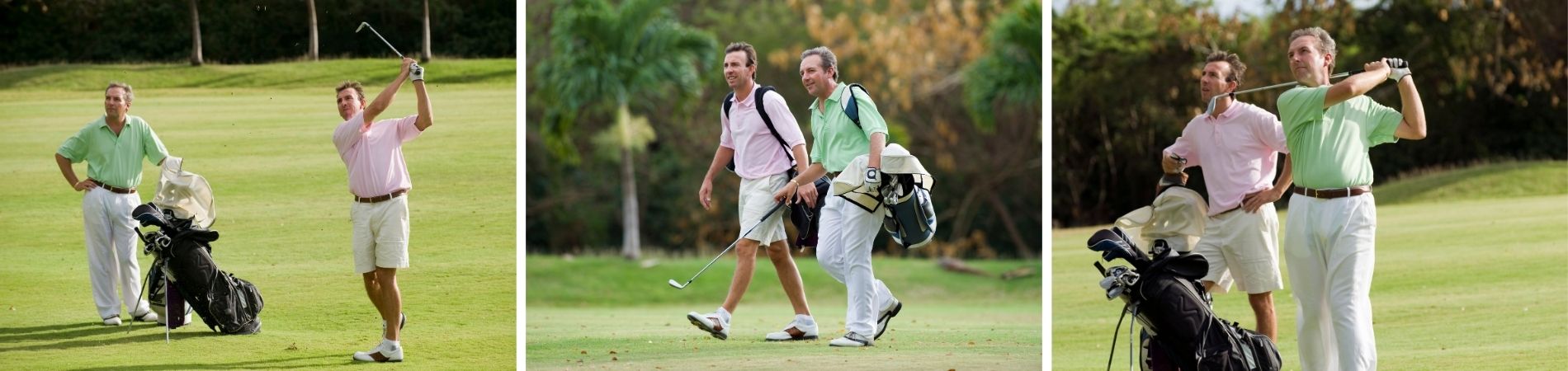 Zwei Männer spielen Golf auf einem Platz, führen Schwung aus und gehen mit Golfausrüstung über den Rasen.